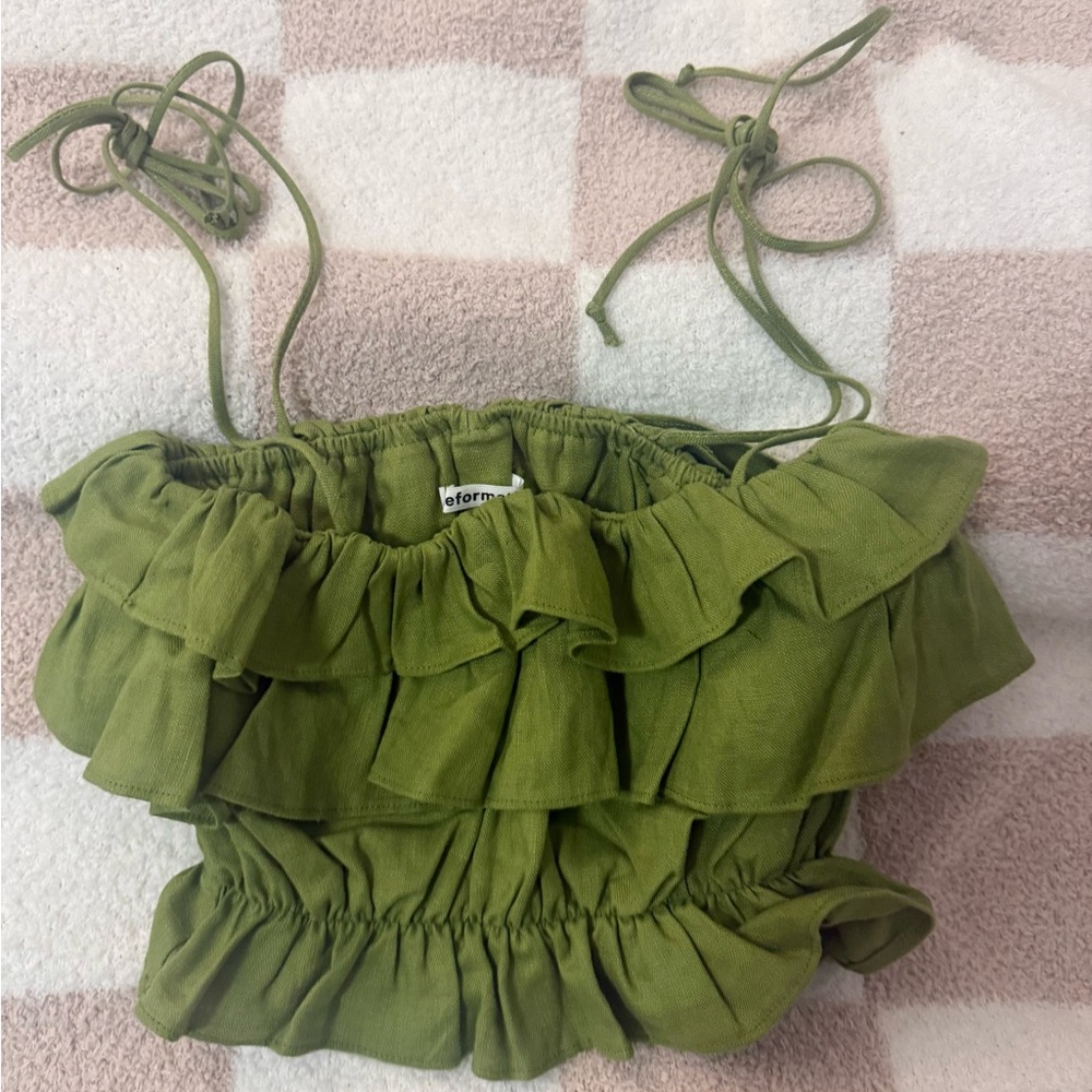 Reformation Green Ruffle Crop Top
